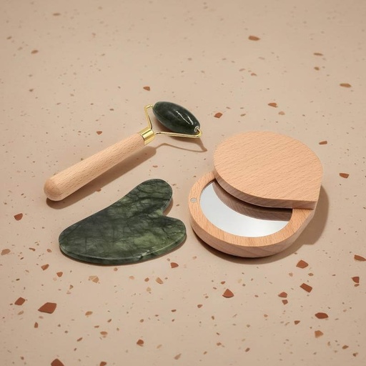 LUNA - Set of Jade Face Roller, Guasha and Mirror 